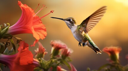 Naklejka premium Close-up of a hummingbird on a red flower during a mild sunset. Nature, Landscape, Golden Hour, Summer, Animals, Birds, Wildlife concepts.