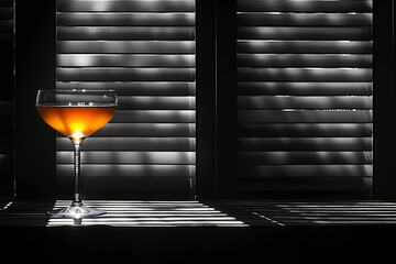 Monochrome image of a cocktail in a coupe glass, high contrast with shadow play. Artistic bar concept for design and menu