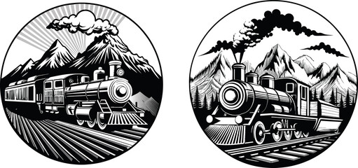 Set of locomotive steam train logo - obrazy, fototapety, plakaty