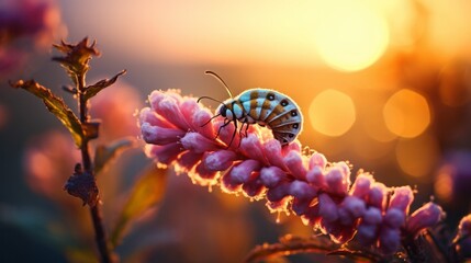 Close-up of a caterpillar on a pink flower during a mild sunset. Nature, Landscape, Golden Hour,...