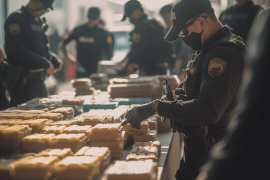 Drug trafficking. Police stopped drug trafficking cartel. Capture of criminals transporting large consignment of drugs. Police seized shipment of drugs. Drug courier with cocaine and heroin narcotic