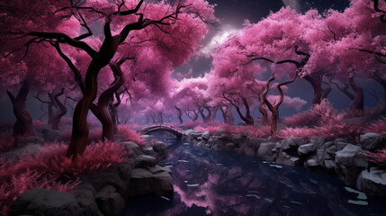 wallpaper of sakura tree at night time, sakura forest at night time background
