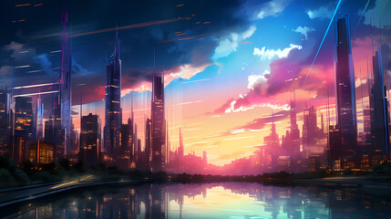 Naklejka premium A brightly lit city of the future