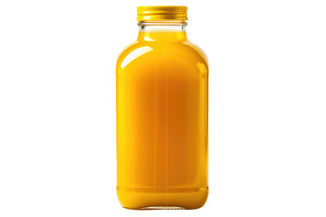 Bottle of Orange Juice. A single bottle of orange juice is placed on a plain white background showcasing the color of the liquid and the label on the bottle. The bottle is upright and the cap closed.