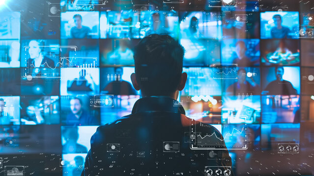 Back view of a business person analyzing interactive screens, network of global communications.