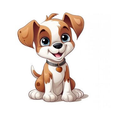 Cute puppy sitting cartoon illustration on white background, colored drawing, vector Illustration