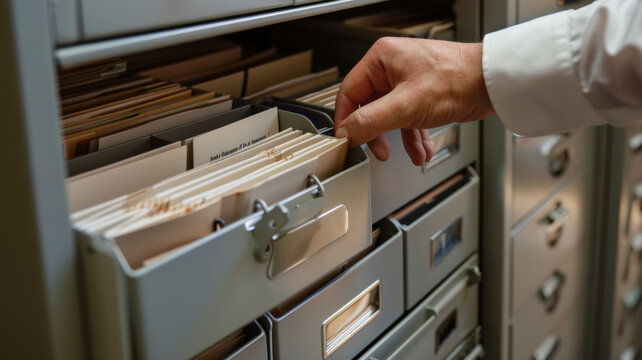 A precise search amongst filing cabinet draws attention to details.