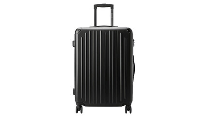 Black Suitcase With Wheels. A black suitcase with wheels stands on a plain white background. The suitcase is closed and ready for travel with a sturdy handle and smooth wheels for easy transportation.