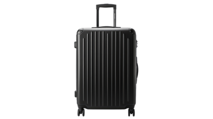 Black Suitcase With Wheels. A black suitcase with wheels stands on a plain white background. The suitcase is closed and ready for travel with a sturdy handle and smooth wheels for easy transportation.