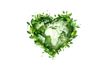 Green heart with fresh leaves, water splashes,  on transparent layer, symbolizing environmental love.