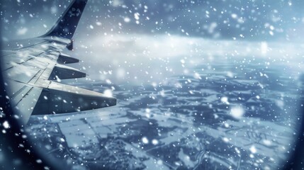 Snowflakes dance gracefully outside an airplane wing, a serene snowstorm blankets the landscape below, evoking a silent symphony of winter's touch in the skies.