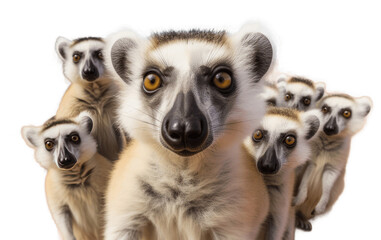 Group of curious lemurs with striking yellow eyes, isolated on a transparent background.