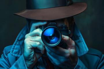Spy paparazzi photographer, Peeping Spying and Surveillance, Secret Information, Espionage Privacy Investigation, private detective  - obrazy, fototapety, plakaty