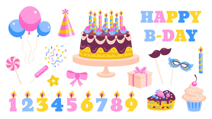 Happy birthday celebration party carnival festive icons set. Colorful vector design for poster, banner, flyer