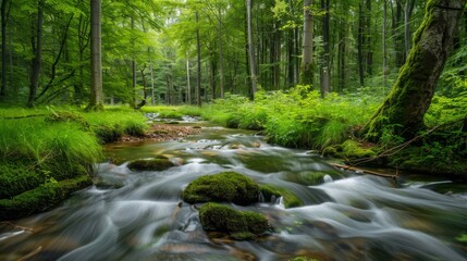A serene stream rushes through a vibrant green forest, with sunlight filtering through the canopy and mossy rocks lining the waterway.