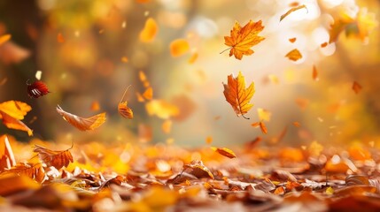Golden autumn leaves falling gently to the ground, illuminated by a warm, soft sunlight with a bokeh background, evoking a cozy fall atmosphere.