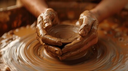 Artisan's hands are shaping a delicate piece of art on a pottery wheel, with the clay taking form under the skilled and muddy fingers, in the creative process.