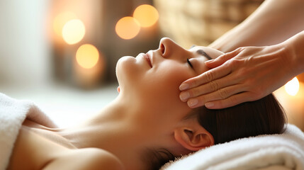 A beautiful woman enjoying the massage and relaxing in a spa lying and smiling with closed eyes