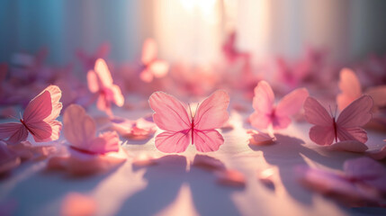 a table topped with lots of pink butterflies on top of a table covered in petals of pink and white flowers.