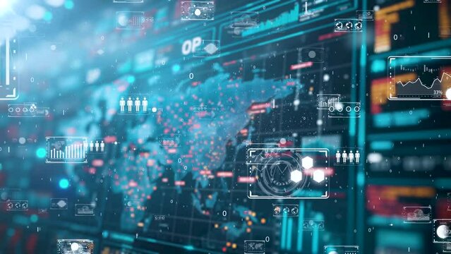 Advanced global data network interface with dynamic charts and world map, Cybersecurity data analytics interface with world connectivity.