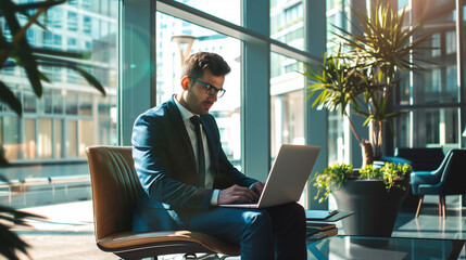 businessman sitting in modern office working on his laptop, business person working in office 