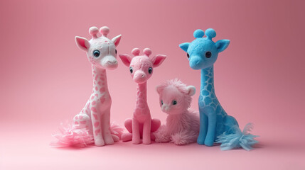 a group of stuffed giraffes and a baby giraffe sitting next to each other on a pink background.