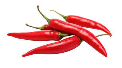 Fotobehang Three Red Hot Peppers. Three vibrant red hot peppers are placed on a clean white background. The peppers are ripe and glossy, showcasing their fiery color and spicy appeal. © Muhammad