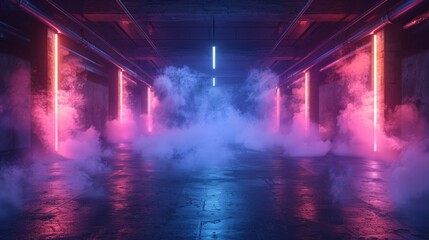 A studio room with smoke floating up, an empty street with a dark blue background, neon lights, and spotlights on the asphalt floor. It is a night view with laser light and future technology.