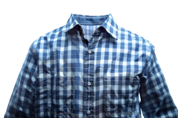 Blue and White Checkered Shirt. A blue and white checkered shirt is neatly laid out on a plain white background. The shirts pattern consists of alternating blue and white squares in a classic design.