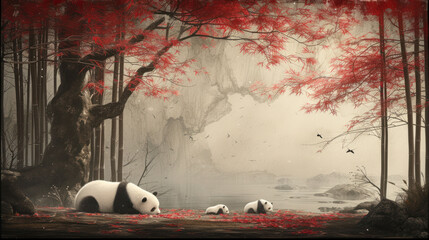 a painting of a group of pandas in a forest with red leaves on the ground and a lake in the background.