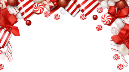 Candy Cane and Candy Frame. A frame constructed entirely from vibrant candy canes and assorted candies, creating a festive and whimsical border. on White or PNG Transparent Background.