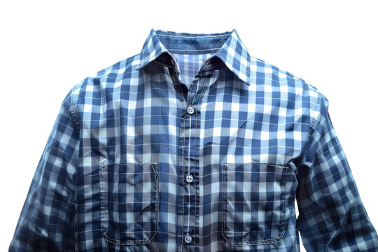 Blue and White Checkered Shirt. A blue and white checkered shirt is neatly laid out on a plain white background. The shirts pattern consists of alternating blue and white squares in a classic design.