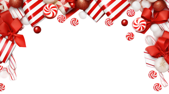 Candy Cane and Candy Frame. A frame constructed entirely from vibrant candy canes and assorted candies, creating a festive and whimsical border. on White or PNG Transparent Background.