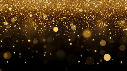  Festive vector background with gold glitter and confetti for celebration. Black background with glowing golden particles  - obrazy, fototapety, plakaty