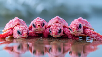 a group of pink turtles sitting next to each other on top of a body of water in front of a body of water.