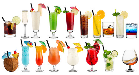 big set of colorful beverage isolated white background. alcoholic and alcohol free long drink shooter and refreshment collection - 749847389
