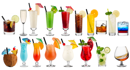 big set of colorful beverage isolated white background. alcoholic and alcohol free long drink shooter and refreshment collection