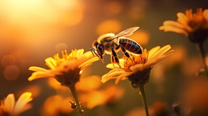 Close-up of a bee on yellow flowers collecting Nectar, Pollen at a soft sunset. Nature, Landscape, Golden Hour, Summer, Animals, Insects, Wildlife concepts. Horizontal photo. - obrazy, fototapety, plakaty