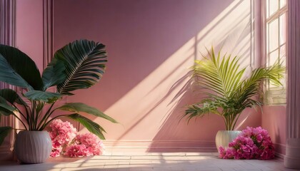 Abstract gradient pink studio background for product presentation. Empty room with shadows of window and flowers and palm leaves, Ai Generate 