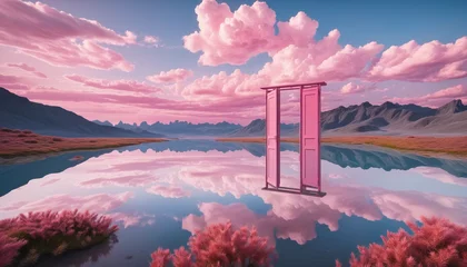 Fototapeten abstract surrealist landscape pink gate with reflective lake and blue sky and pink clouds, minimal fantasy landscape wallpaper or background © Fukurou