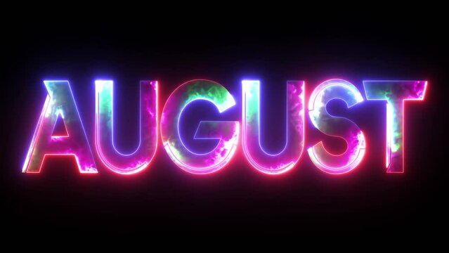 Glowing colorful light neon text month of August. Abstract glowing August month text neon light effect background animation. 3d illustration rendering