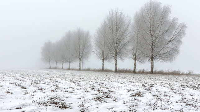 a snow covered field with a row of trees in the distance on a foggy day with snow on the ground.