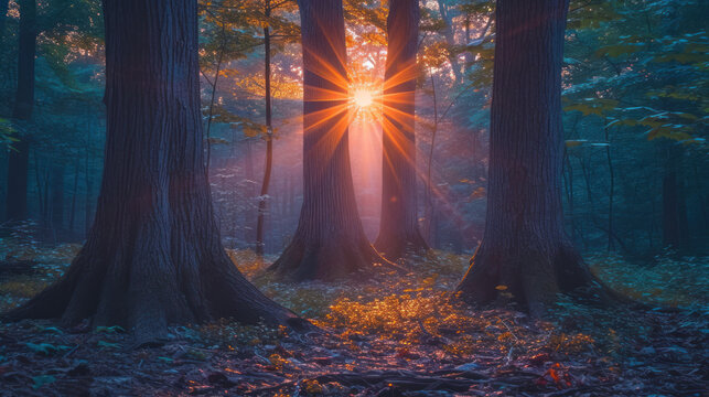 the sun shines through the trees in a forest with leaves on the ground and fallen leaves on the ground.