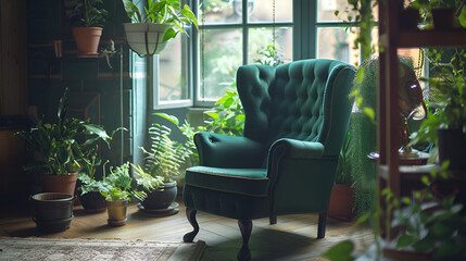 Green wingback chair near window. Classic home interior design. generative ai