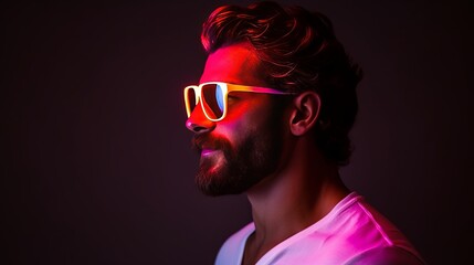 Fototapeta premium Close-up Portrait of Serious Man Model with Mustaches and Beard in Sunglasses and White T-shirt. Neon Light Studio Background.