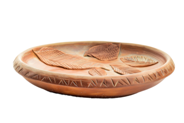 Brown Bowl With Leaves. A brown ceramic bowl is adorned with intricately designed leaves placed on its rim. on White or PNG Transparent Background.