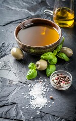 Olive oil in ceramic bowl served with basil leaves, salt and green olives over dark texture background