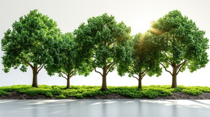 Obraz premium a row of trees sitting on top of a grass covered field next to a body of water with the sun shining through the trees.