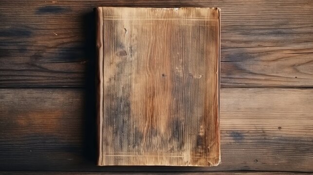 Book Seen from Above, Resting on Old Wooden Plank Background.