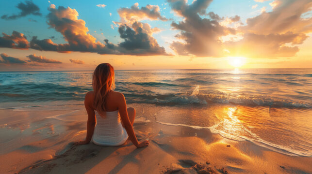 blurred picture of relaxing woman on summer holiday at sea beach for traveling background or wallpaper.